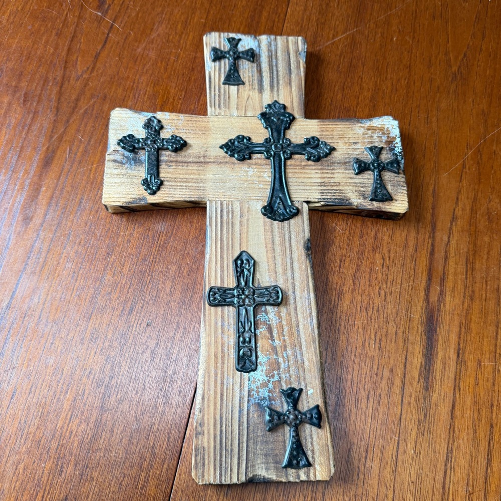 Rustic Wood and Cast Iron Multi Cross Wall Hanging Decor 14.5in Spiritual Jesus